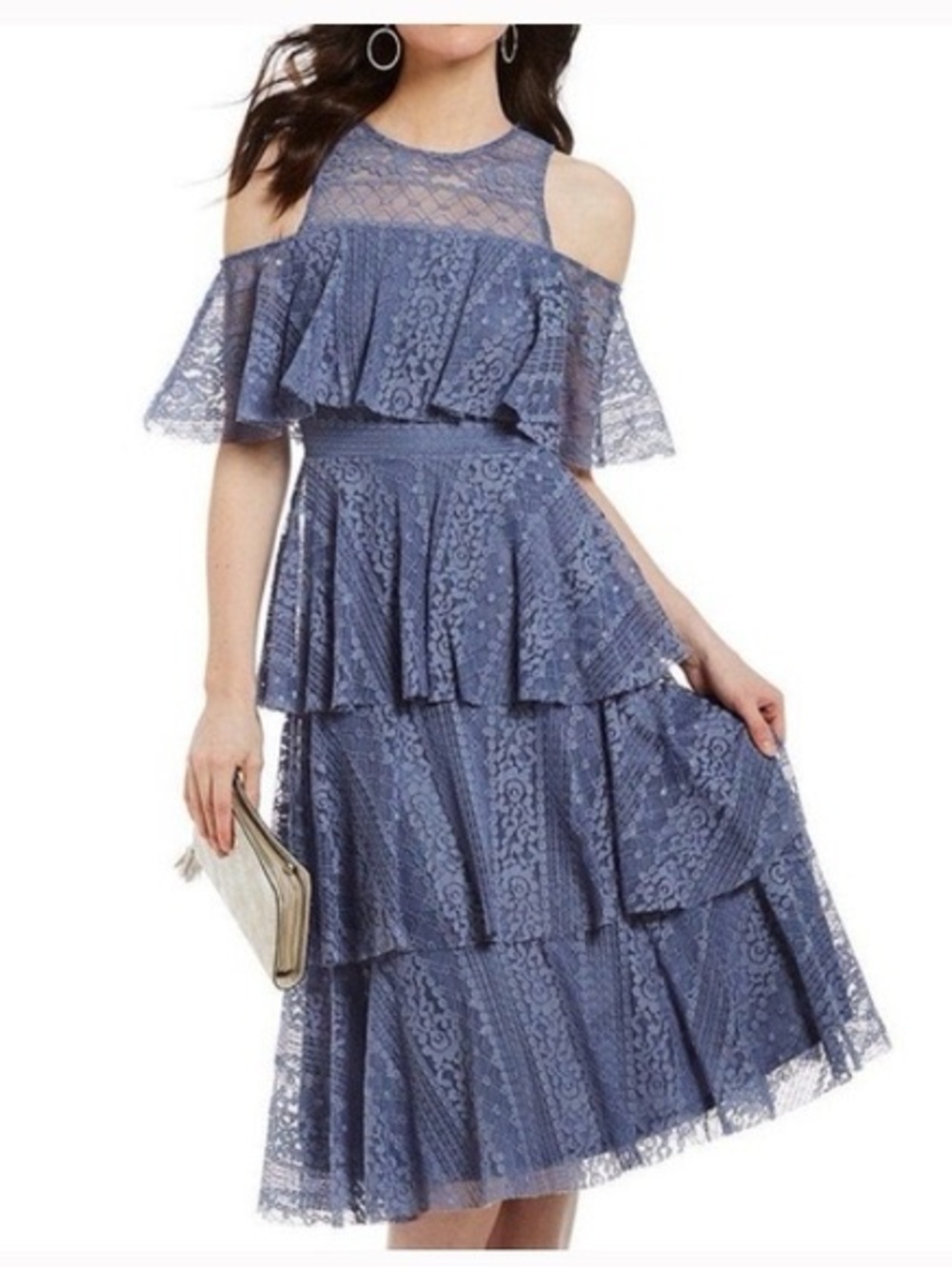 Gianni Bini Dusty Blue Cold-Shoulder Lace Tiered Midi Dress (L)